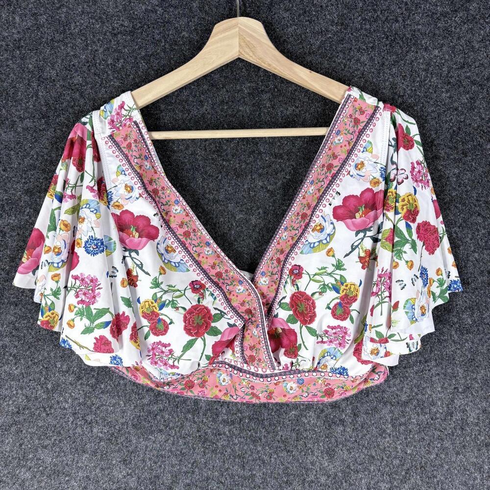 Unbranded Cropped Top Women 2XL White Floral V-Neck Short Sleeve Casual